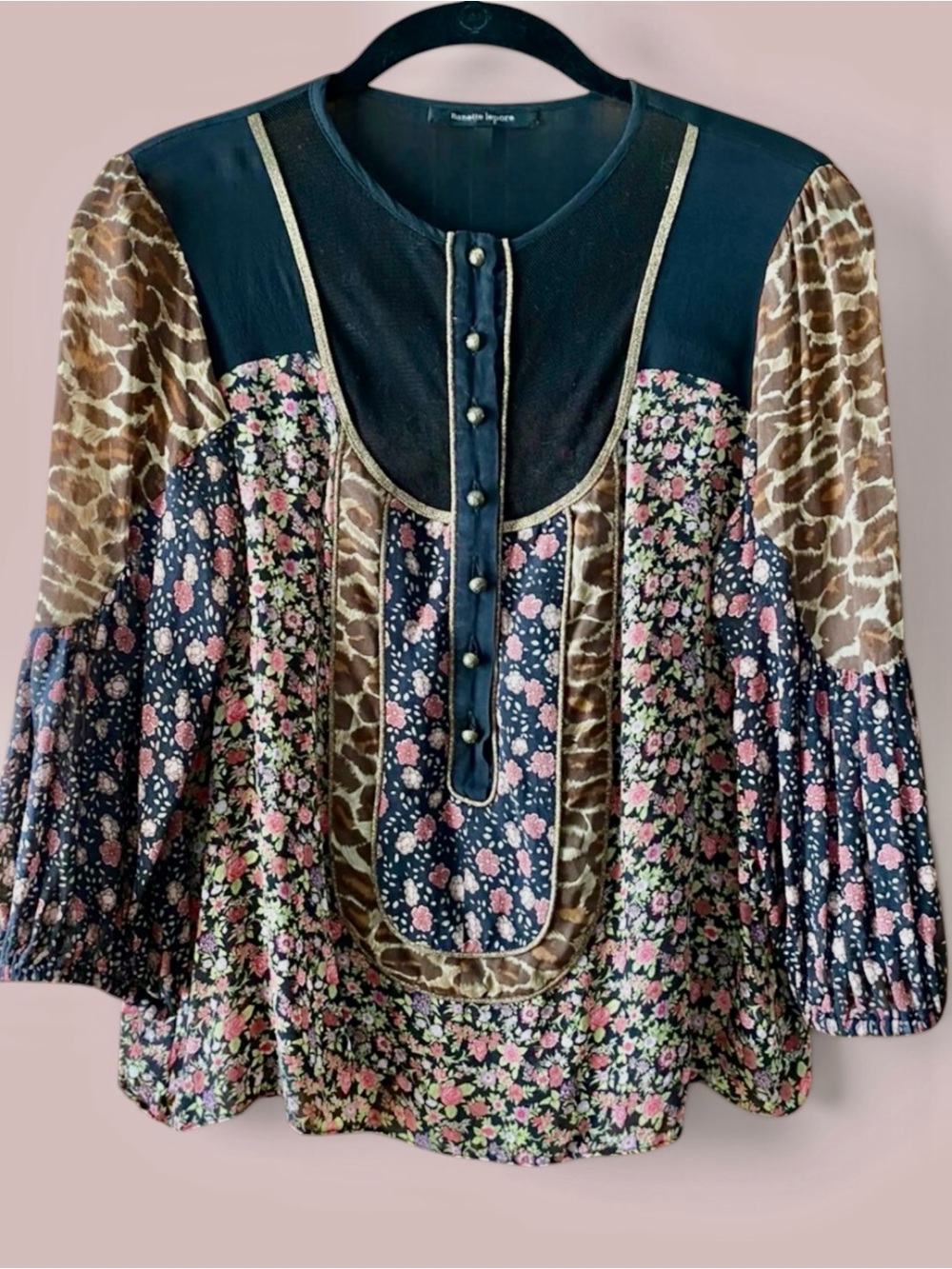 Nanette Lepore Vintage Silk Mixed Pattern Blouse Mesh Inset Brass Buttons Size S